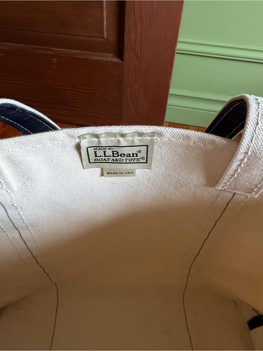 L.L. Bean Boat and Tote Canvas Tote in Cream and Navy Medium Size Long Handles - Picture 3 of 9